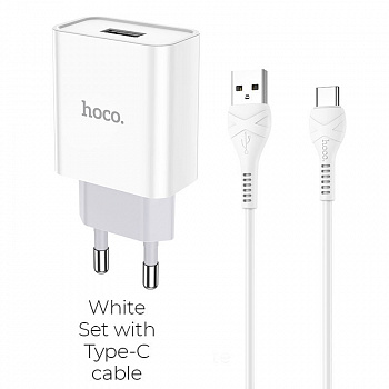 Зарядное устройство HOCO C81A Asombroso single, 2.1A, белый, кабель Type-C